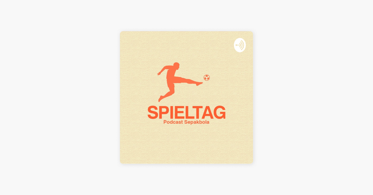 Logo podcast Spieltag Indonesia dengan warna latar broken white dan figur pemain bola berwarna oren